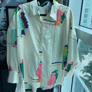 SHEIN Womens Art Abstract Button Front Long Sleeve Shirt Size S